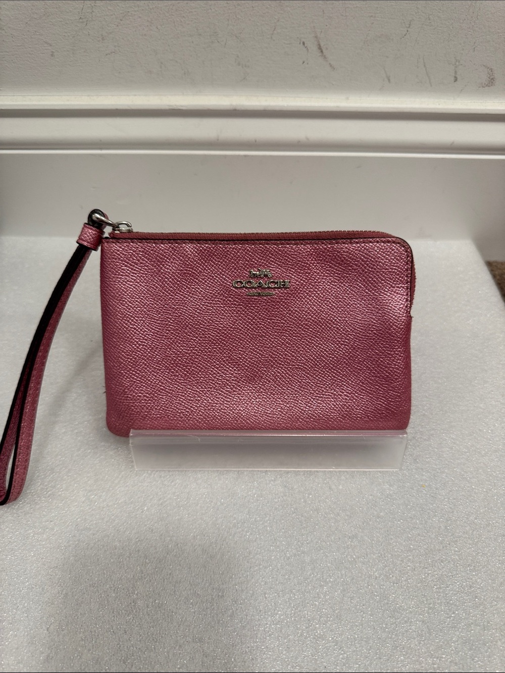Coach Metallic pink corner zip Leather Wristlet wallet